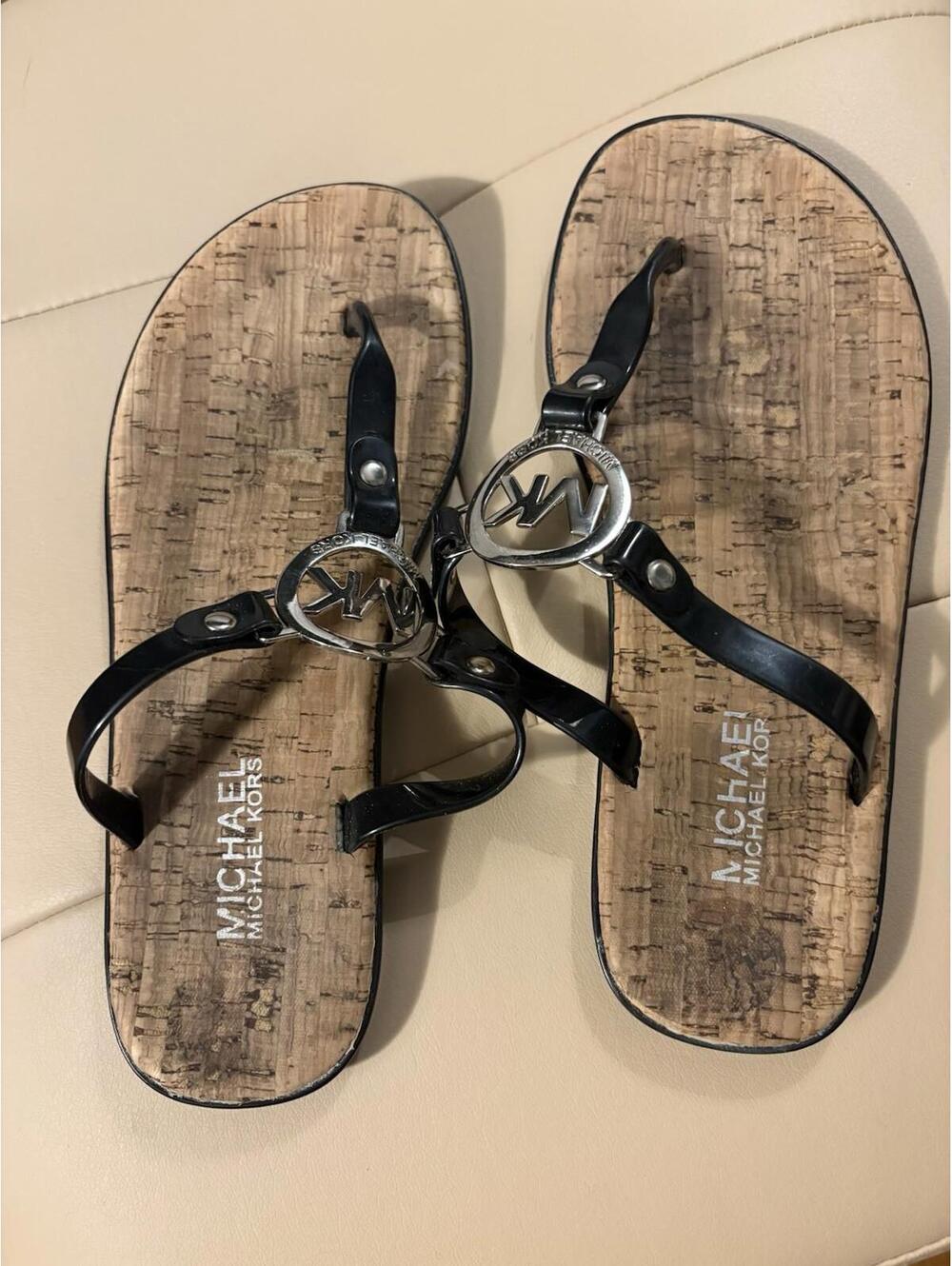 MICHAEL KORS MK Logo Charm Cork Bottom Flip Flop Sandals - Size 5.5